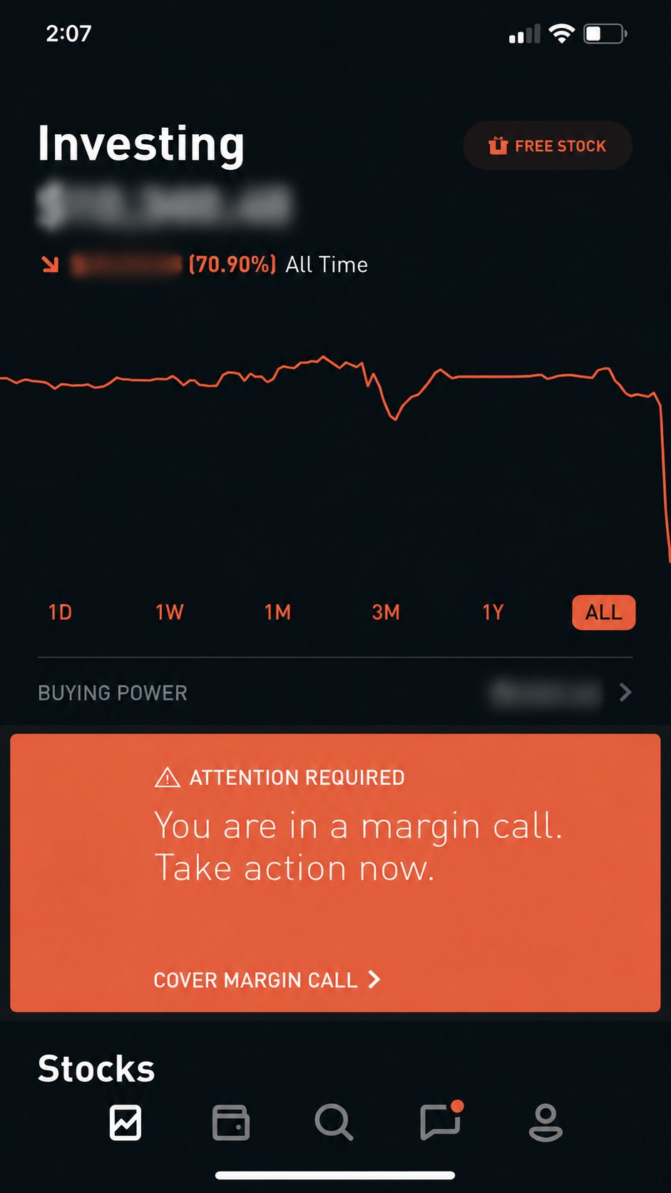 Robinhood margin call notice, portfolio down 70.90% all time
