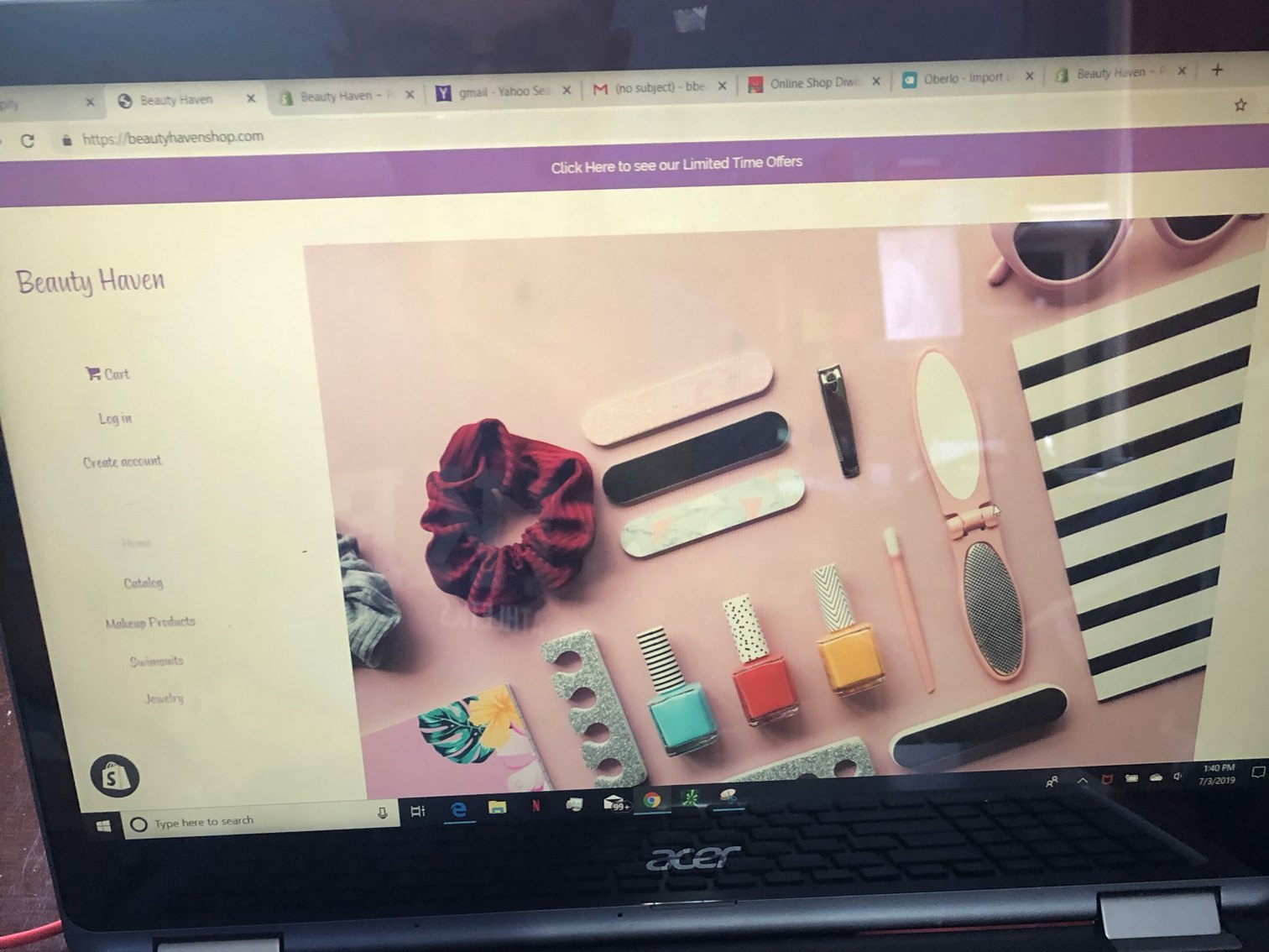 Beauty Haven store live on the old Acer laptop, July 2019