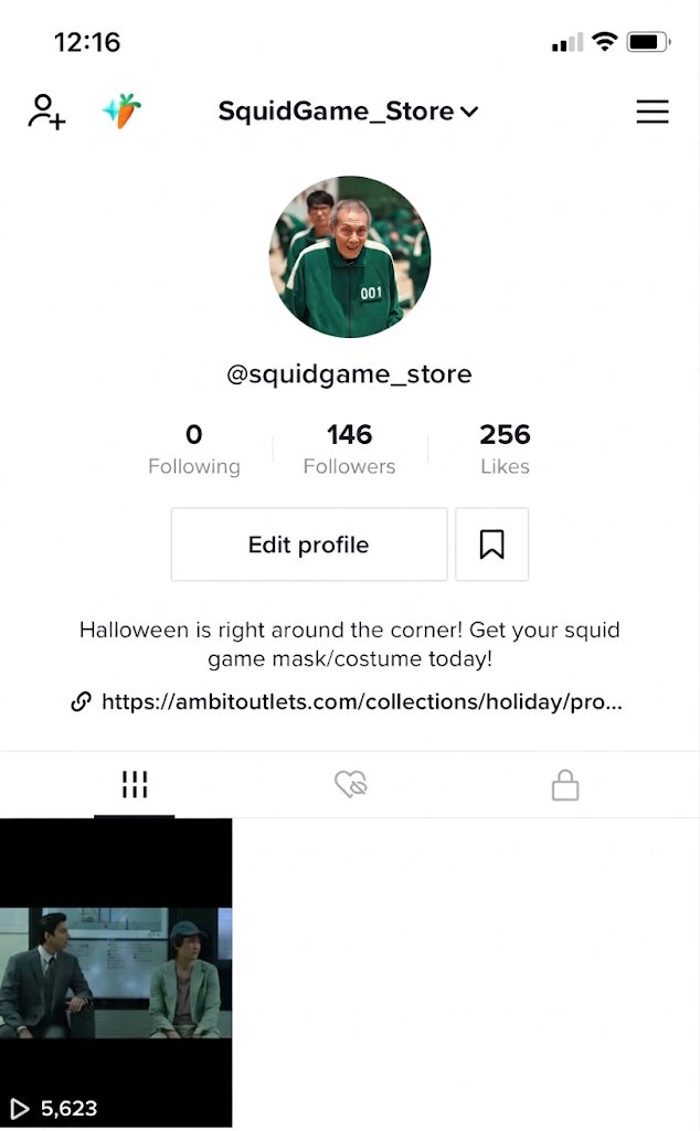 TikTok profile for the Squid Game store