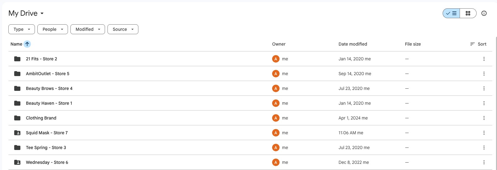 Google Drive folder listing stores 1 through 7
